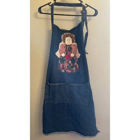 Vintage Style Denim Apron Angel Pockets Cooking Kitchen Patchwork Quilt Cotton - Picture 1 of 7
